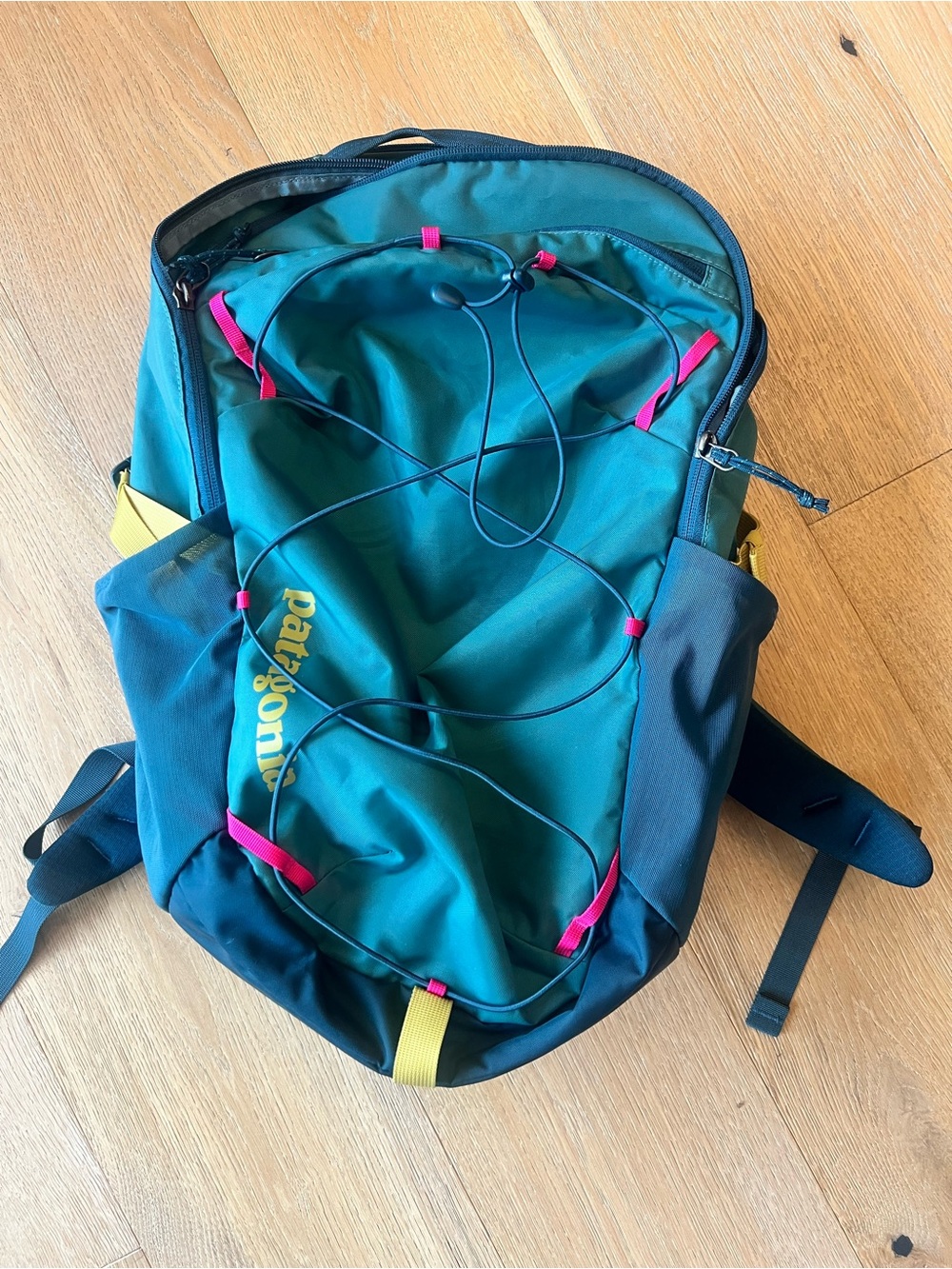 Patagonia teal and navy backpack with pink accents